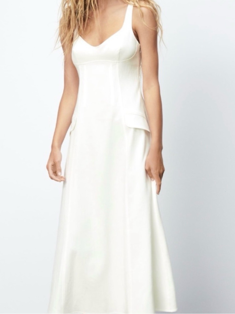 Zara Ivory Scoop-Neck Maxi Dress with Front Flap Pockets